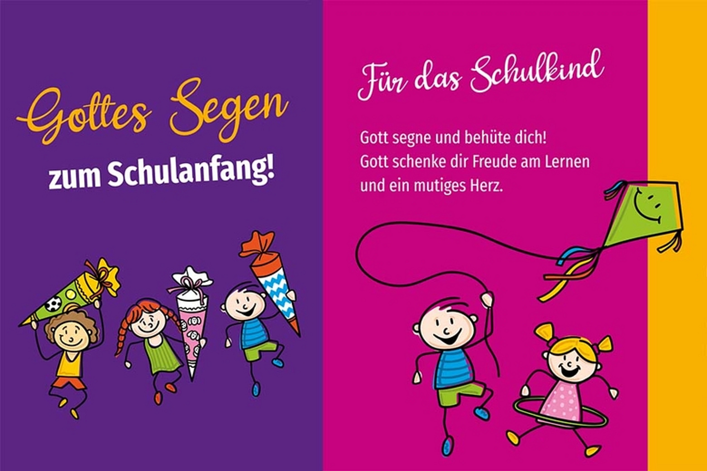 Für die Erstklässler bietet die Landeskirche eine liebevoll gestaltetet Segenskarte zum Schulstart an. (Gestaltung: Grafikatelier A. Köhler, die-visiomaten / Grafiken: strichfiguren.de)