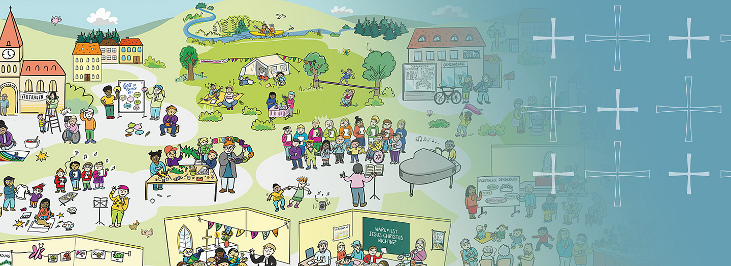 Im Wimmelbild gibt es beispielhaft viele Szenen evangelischer Bildungsarbeit zu entdecken.