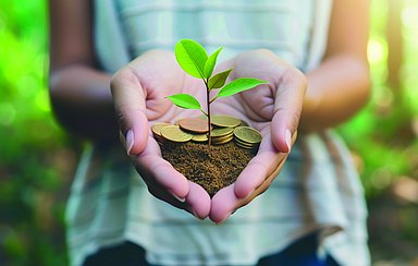 Woman holding hip of coins with small green seedling growing from them --ar 16:9 --v 6 Job ID: 5d059782-dcf1-497f-adee-49af9547fcc6