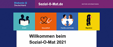Im Sozial-O-Mat werden die programmatischen Aussagen der im Bundestag vertretenen Parteien zu den Themen Arbeit, Gesundheit, Familie und Kinder, Migration in den Blick genommen. Unser Foto zeigt einen Ausschnitt aus der Startseite des Online-Tools. (Quelle: sozial-o-mat.de)