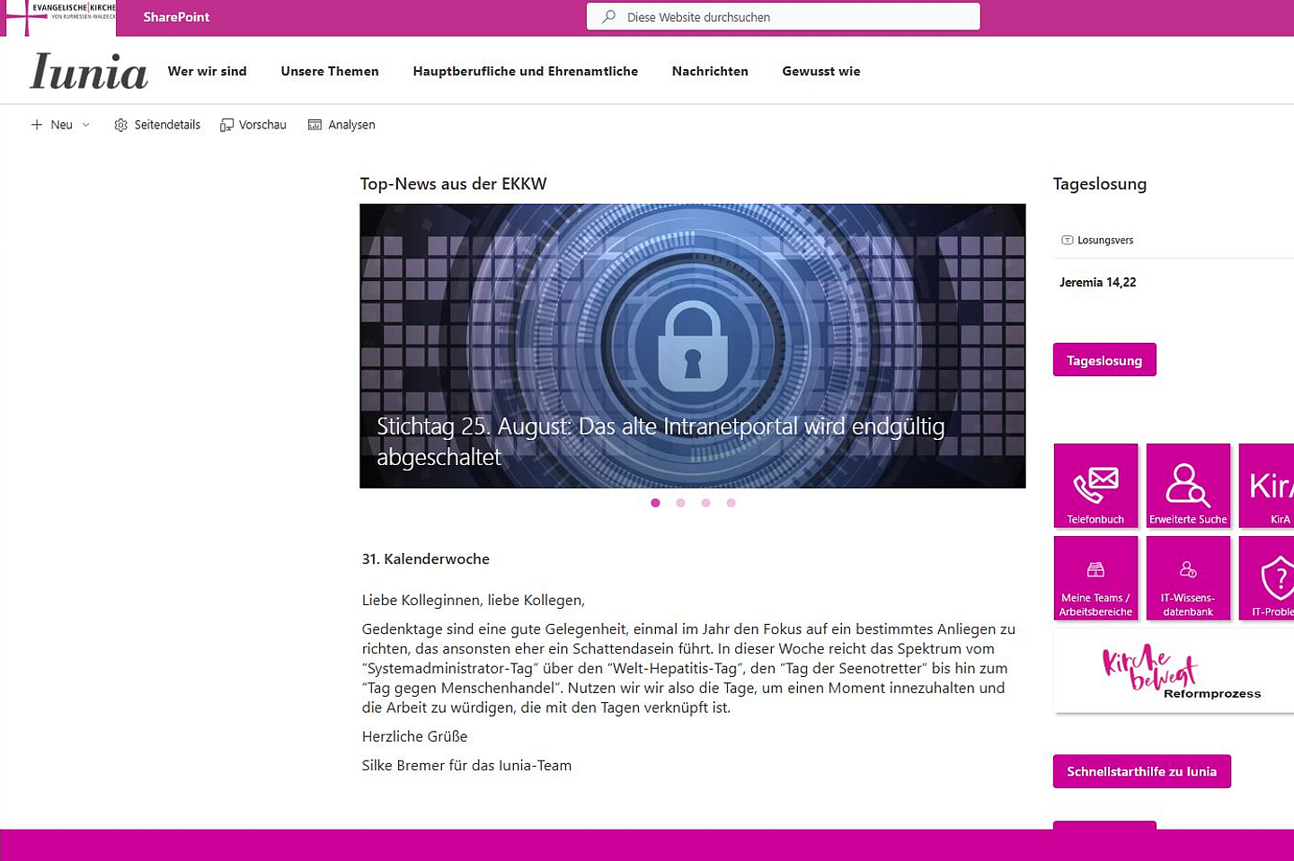 Startseite in Iunia mit Top-News, Tageslosung und Widgets