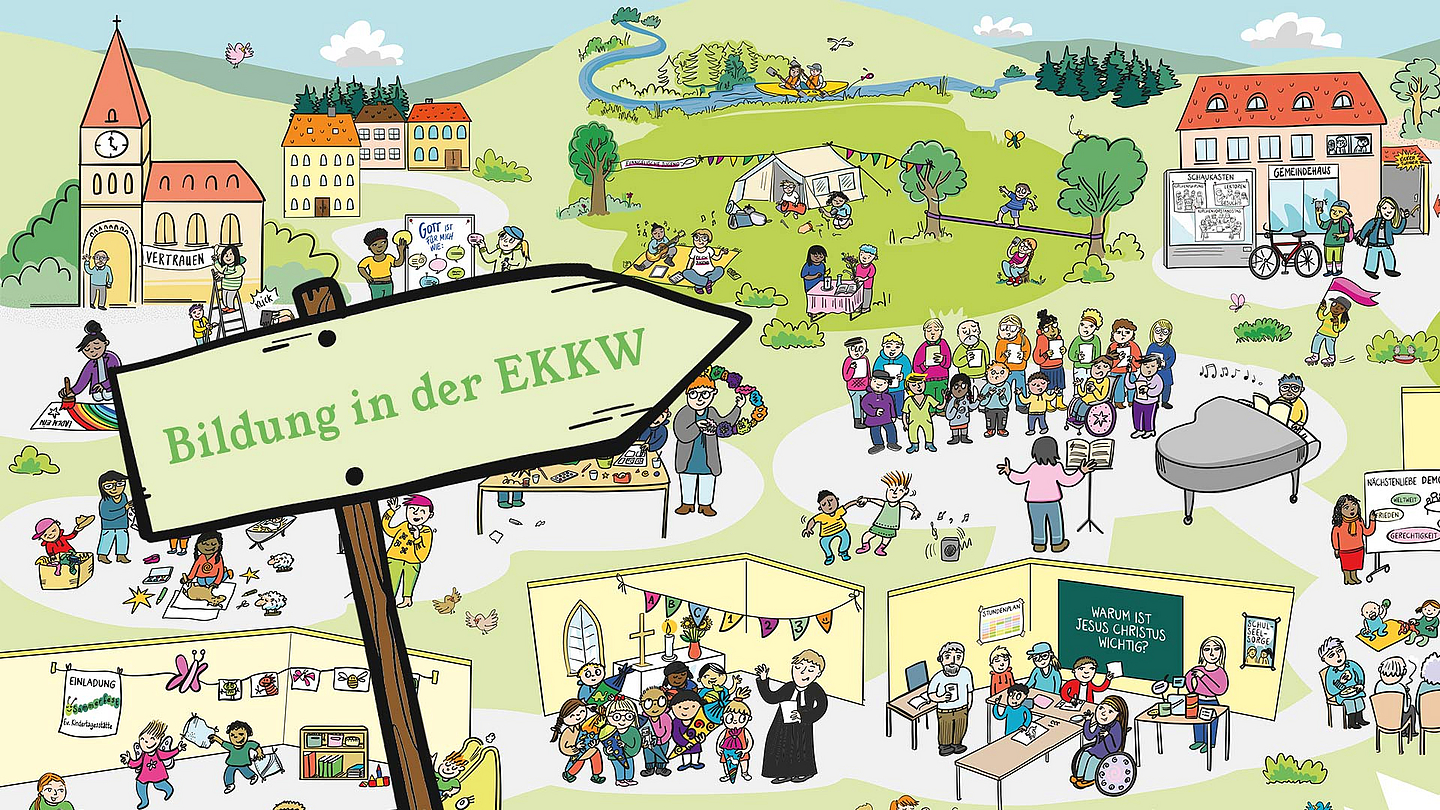 Ausschnitt aus dem Wimmelbild der EKKW Liebevoll gestaltet, lebendig und bewusst nicht vollständig: Der Blick auf das Wimmelbild lädt dazu ein, genauer hinzuschauen: Wo begegnet uns Bildung eigentlich vor Ort?