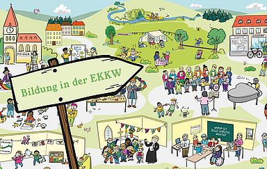 Ausschnitt aus dem Wimmelbild der EKKW Liebevoll gestaltet, lebendig und bewusst nicht vollständig: Der Blick auf das Wimmelbild lädt dazu ein, genauer hinzuschauen: Wo begegnet uns Bildung eigentlich vor Ort?