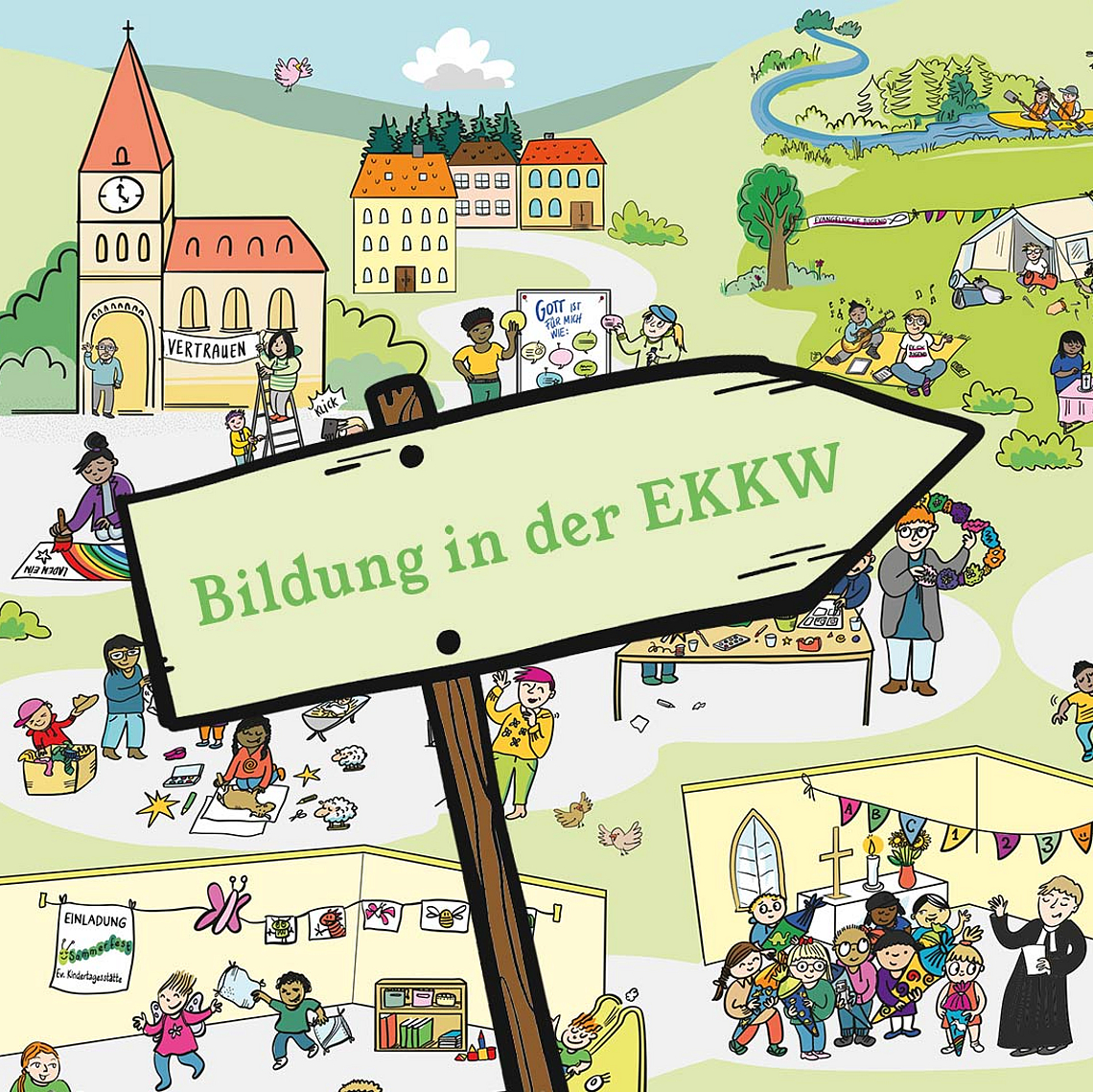 Liebevoll gestaltet, lebendig und bewusst nicht vollständig: Der Blick auf das Wimmelbild lädt dazu ein, genauer hinzuschauen: Wo begegnet uns Bildung eigentlich vor Ort?