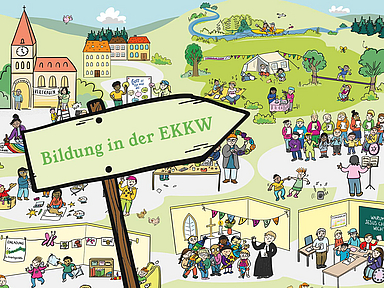 Liebevoll gestaltet, lebendig und bewusst nicht vollständig: Der Blick auf das Wimmelbild lädt dazu ein, genauer hinzuschauen: Wo begegnet uns Bildung eigentlich vor Ort?