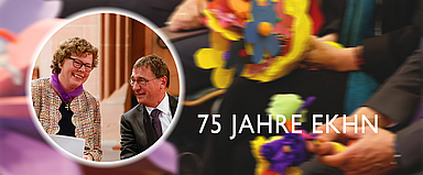 Bischöfin Beate Hofmann mit Kirchenpräsident Volker Jung am Rande des Festgottesdienstes in Friedberg. (Foto: EKHN/Rolf Oeser)