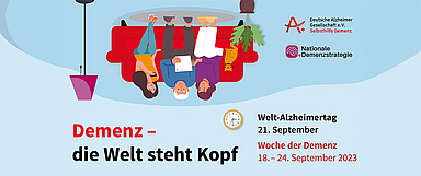 Mit der Diagnose Demenz steht die Welt erst einmal Kopf – sowohl für die Betroffenen als auch ihre An- und Zugehörigen. Alltagsroutinen, das Miteinander und die Wahrnehmung der Umwelt verändern sich. All das fordert heraus und verunsichert Betroffene ebenso wie An- und Zugehörige. Unser Foto zeigt das Motiv zum Welt-Alzheimertag 2023. (Abbildung: Deutsche Alzheimer Gesellschaft)