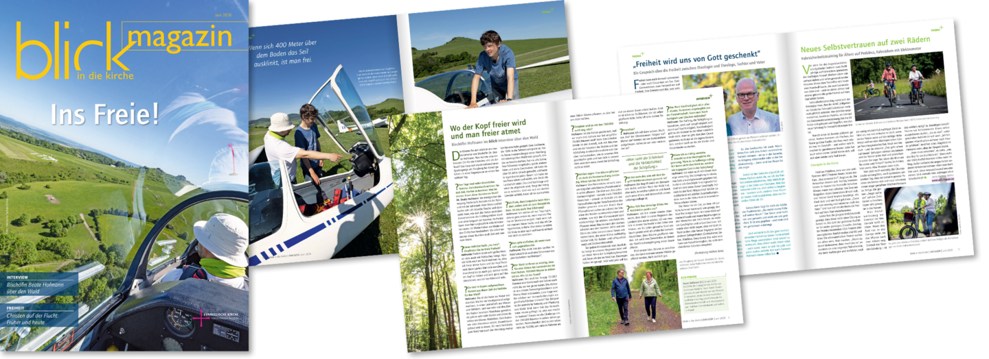 blick in die kirche-Magazin Juni 2026 Das blick in die kirche-Magazin Juni 2026 mit einer Auswahl an Doppelseiten als Vorschau.