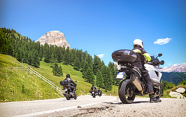 Bikers on Dolomites Alps road