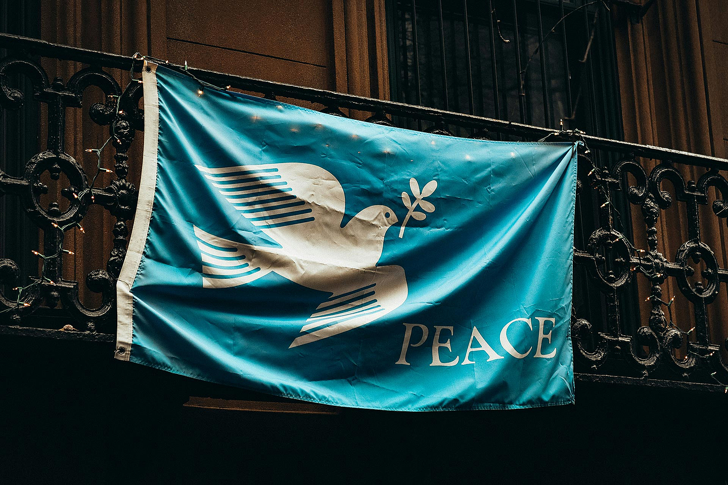 Das Foto zeigt eine blaue Flagge auf der eine weiße Taube und die Aufschrift Peace abgebildet sind
