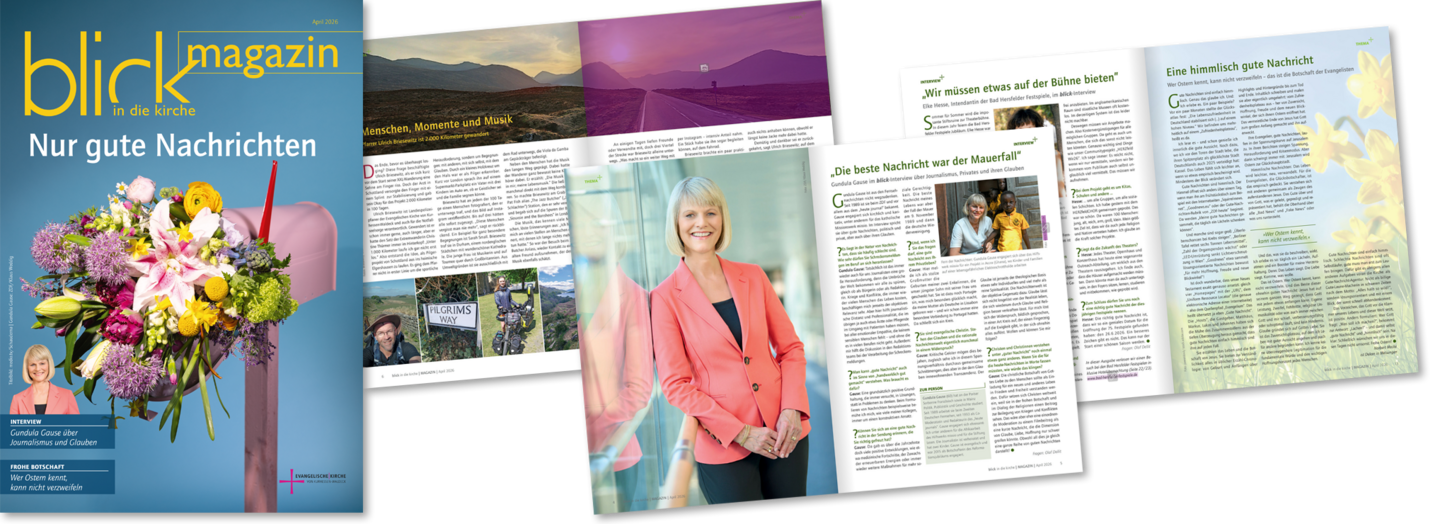Das blick in die kirche-Magazin April 2026 mit einer Auswahl an Doppelseiten als Vorschau.