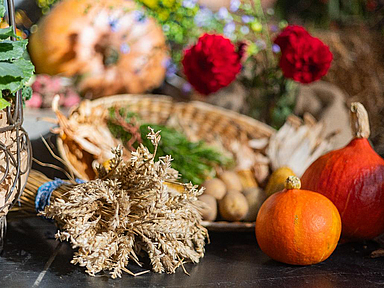 Früchte, Gemüse und Blumen als Erntedankgaben