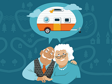 Die Illustration zeigt ein älteres Paar, das von einem Camping-Urlaub träumt.