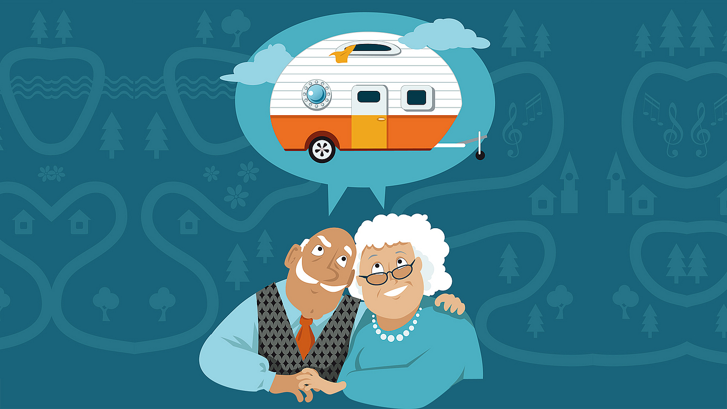 Die Illustration zeigt ein älteres Paar, das von einem Camping-Urlaub träumt.