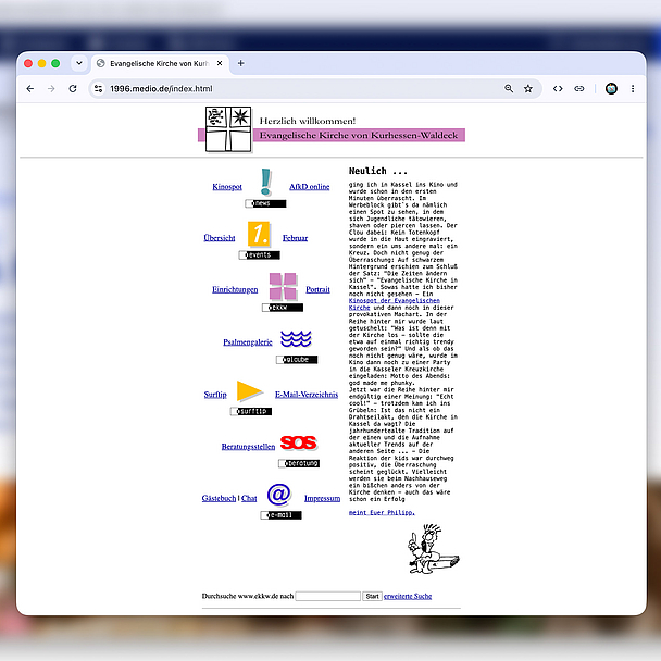 Unser Screenshot zeigt das Layout der Erstausgabe von ekkw.de im Jahr 1996. Seitdem hat sich das Erscheinungsbild mehrfach geändert. Unser Screenshot zeigt das Layout der Erstausgabe von ekkw.de im Jahr 1996. Seitdem hat sich das Erscheinungsbild mehrfach geändert.