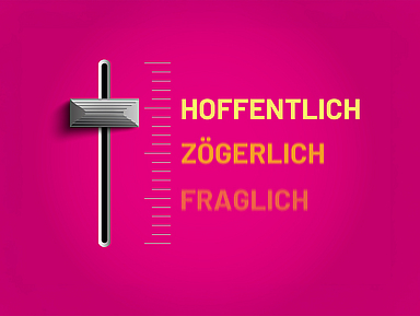 Das Motiv der Kampagne zeigt einen Regler, der auf den Begriff Hoffentlich eingestellt ist. Daneben gibt es noch Fraglich und Zögerlich.