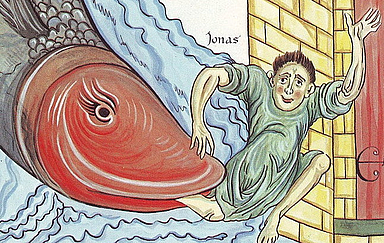 Bild "Der Prophet Jonas wird vom Fisch bei Ninive ausgespien" aus dem Hortus Deliciarum (circa 1180) von Herrad of Landsberg (1130–1195). Quelle: Wikipedia, gemeinfrei