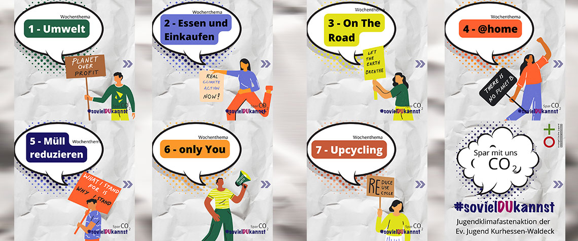 Sieben Wochenthemen sollen Kinder und Jugendliche in der Fastenzeit zu CO2-Einsparung und Klimaschutz anregen. (Motive: EJKW)