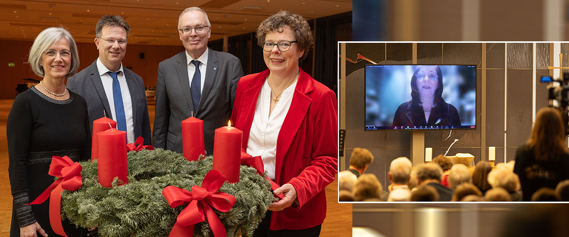 Adventsempfang im Kasseler Haus der Kirche (v.l.): Kirchenrätin Dr. Isabel Schneider-Wölfinger (Vertreterin des Präses der Synode der EKKW), Pfarrer Jan Friedrich Eisenberg (Zweiter Beisitzer des Synodalvorstandes), Prälat Burkhard zur Nieden und Bischöfin Dr. Beate Hofmann. Gastrednerin war Katrin Göring-Eckardt (Vizepräsidentin des Deutschen Bundestages), die digital zugeschaltet wurde (kleines Foto rechts). (Fotos: medio.tv/Schauderna)