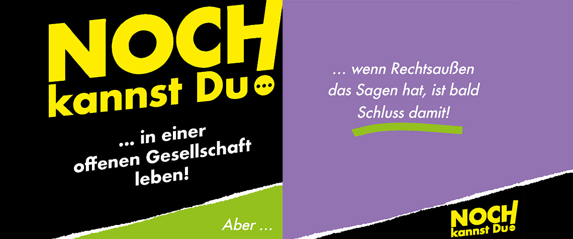 Das Motto «Noch kannst du ...» ist auf Plakaten, Aufklebern und in Vorlagen für Social Media-Beiträge unter anderem ergänzt durch «... in einer offenen Gesellschaft leben!», «... Menschenrechte einklagen!» und «... auf die Unabhängigkeit der Gerichte vertrauen!».