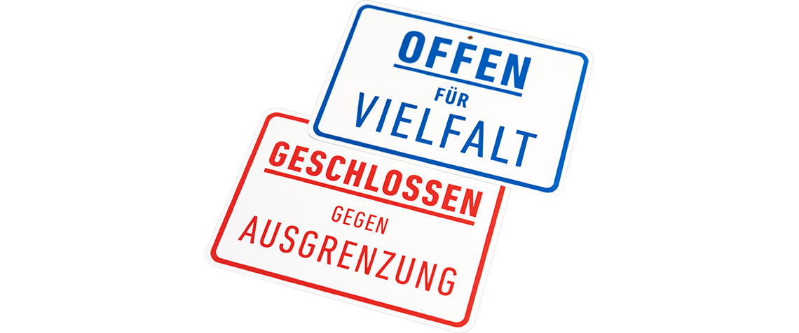 Kampagnenlogo und Motto der Initiative «Offen für Vielfalt – Geschlossen gegen Ausgrenzung»