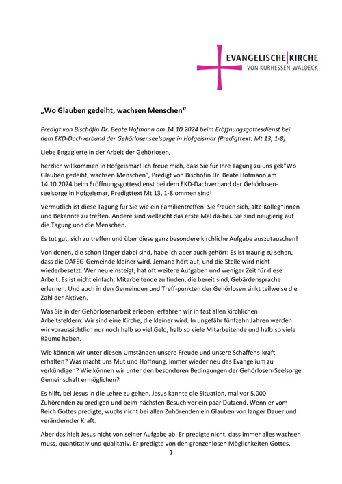 Predigt von Bischöfin Dr. Beate Hofmann Predigt von Bischöfin Dr. Beate Hofmann