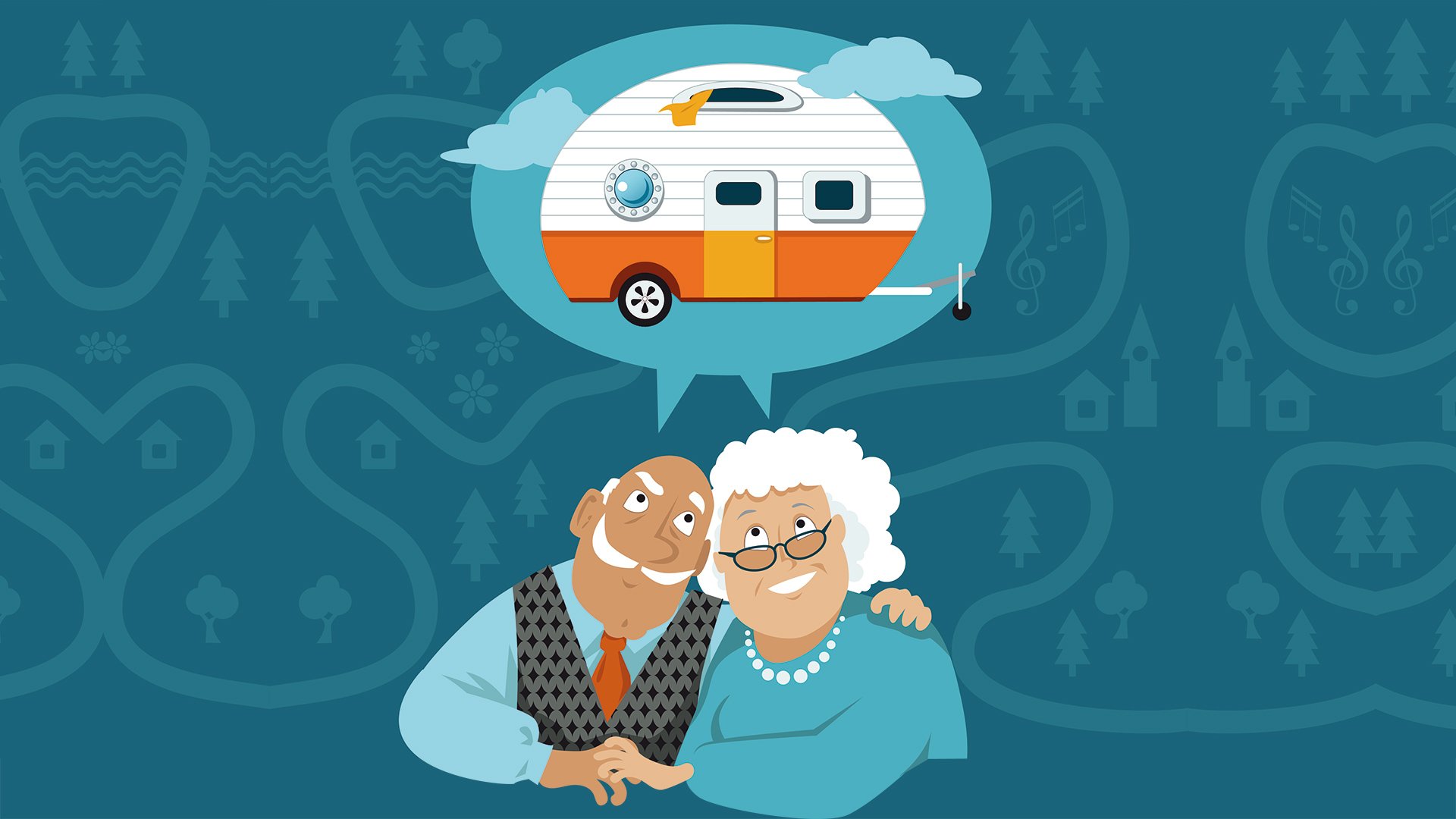 Die Illustration zeigt ein älteres Paar, das von einem Camping-Urlaub träumt.