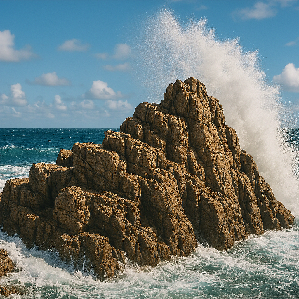 Ein Felsen wird von Wasser umspült. Die Sonne scheint, die Gicht spritzt. Der Fels steht fest und ungerührt.