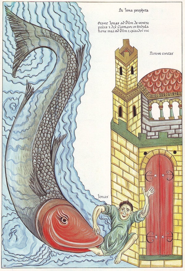 Bild "Der Prophet Jonas wird vom Fisch bei Ninive ausgespien" aus dem Hortus Deliciarum (circa 1180) von Herrad of Landsberg (1130–1195).