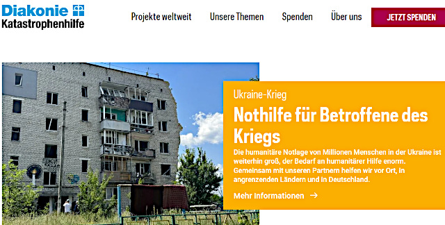 Website der Diakonie Katastrophenhilfe Ukraine, mit Hilfe-Aufruf und Bild von einem zerstörten Hochhaus. Abruf: 28. April 2026
