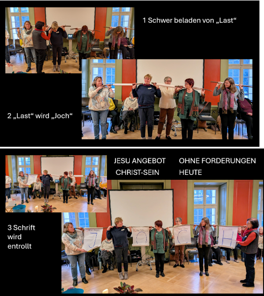 Frauen bringen Stöcke als "schwere Last" nach vorne.  Sie werden aufgerichtet. Die Last wird auf mehrere Schultern verteilt, also zum Joch.  Die Papiere um die Stöcke werden entrollt.  Begriffe mit den Anfangsbuchstaben von J-O-C-H werden sichtbar: z.B. Jesu Einladung - Ohne Belastungen - Christlich Leben - Hier... 