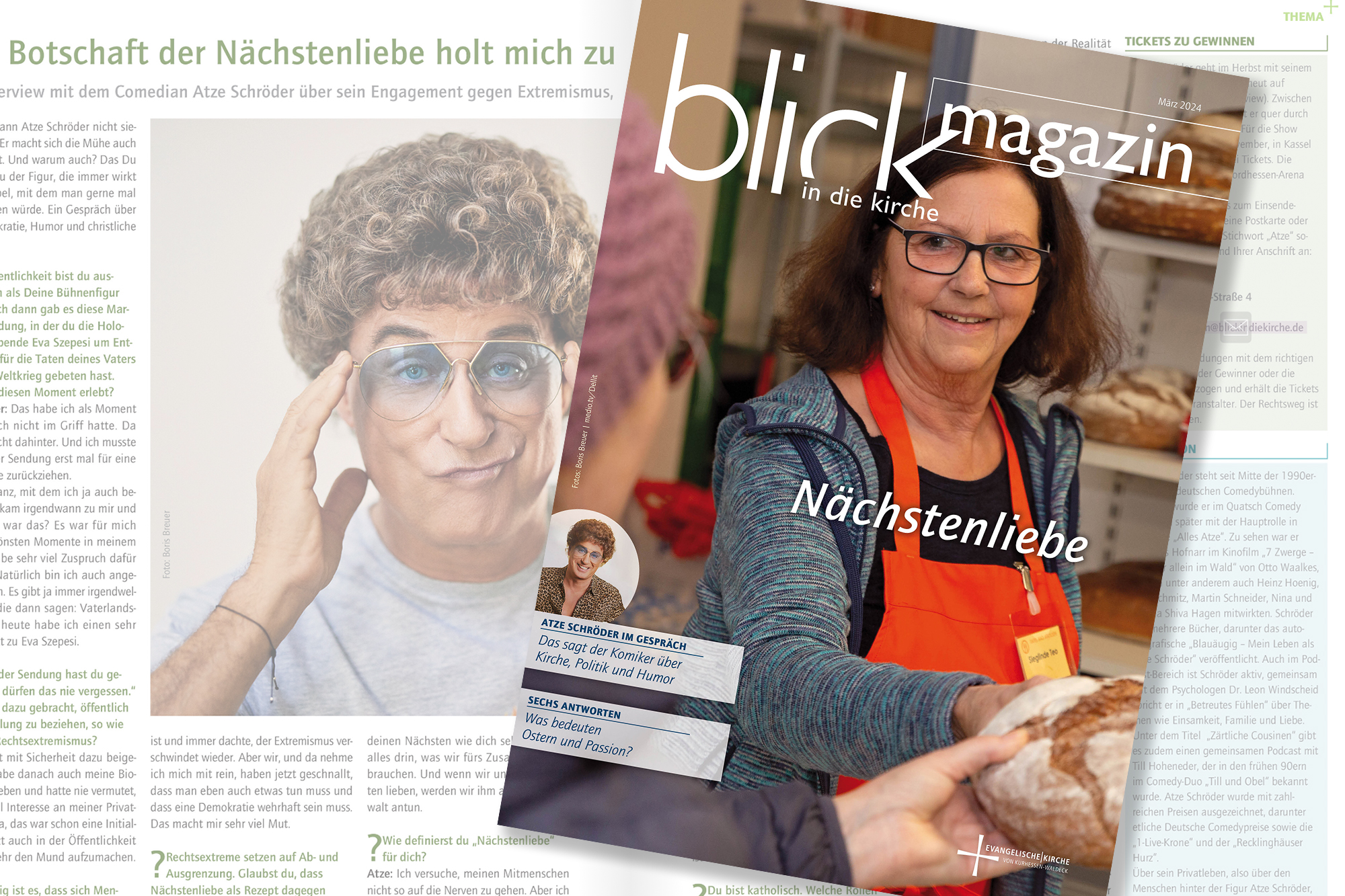 Cover der aktuellen Ausgabe des Magazins mit Atze Schröder und einer Mitarbeiterin der Tafel in Bad Arolsen.
