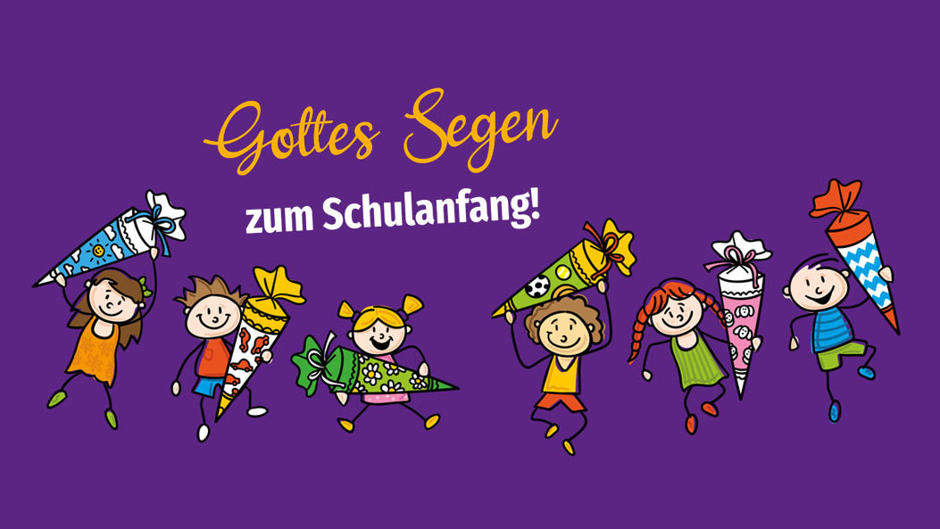 Unser Foto zeigt das Titelbild der Segenskarte, die die Landeskirche zum Schulanfang herausgibt. Darauf sind Illustrationen von Kindern mit Schultüten zu sehen. Darüber steht «Gottes Segen zum Schulanfang»