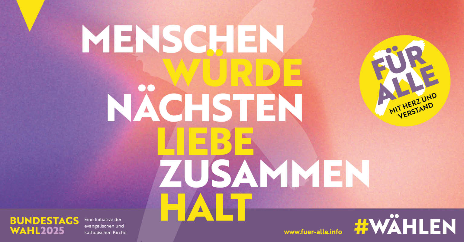 Das Bild zeigt das Kampagnenplakat mit den drei Kernbegriffen «Menschenwürde», «Nächstenliebe» und «Zusammenhalt».