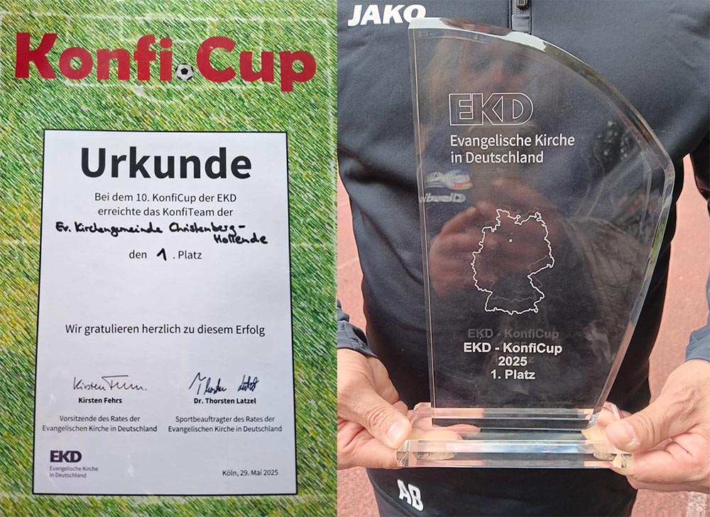 Siegerurkunde und Pokal des KonfiCup 2025 Siegerurkunde und Pokal des KonfiCup 2025