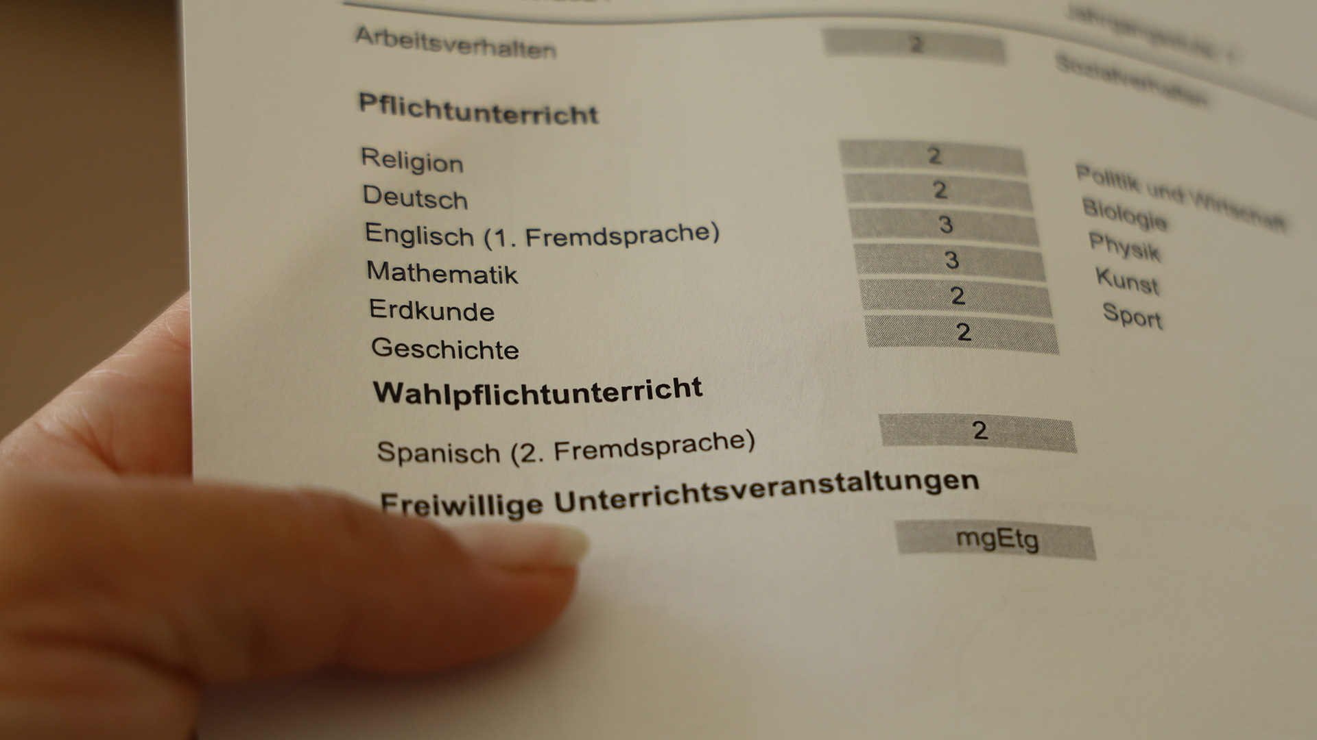 Unser Foto zeigt ein Zeugnis mit Noten