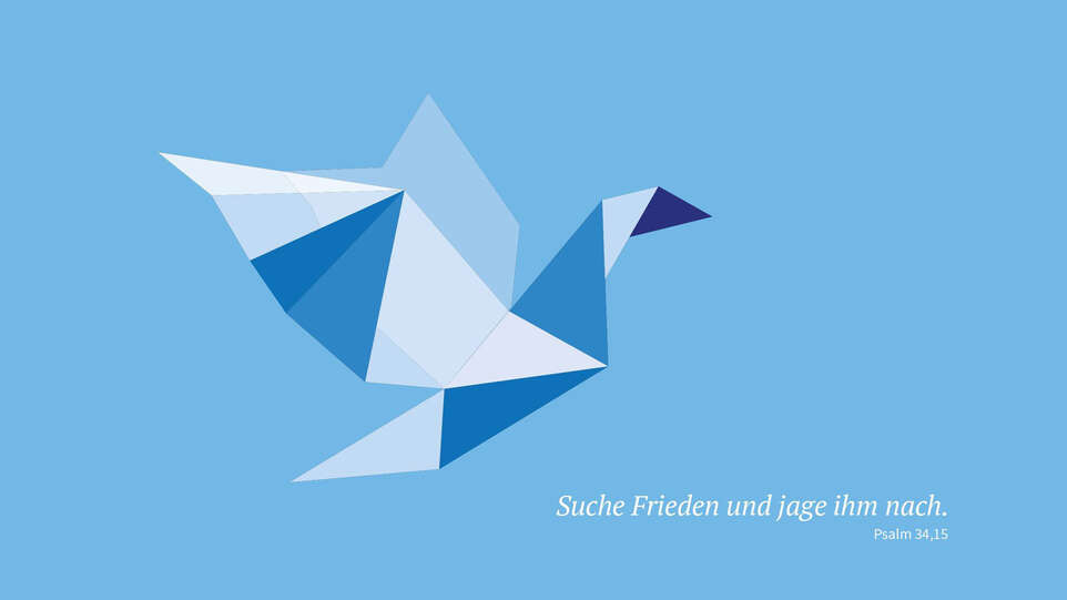 Das Foto zeigt die Illustration einer Friedenstaube und den Bibelspruch «Suche Frieden und jage ihm nach.» (Ps 34,15) Das Foto zeigt die Illustration einer Friedenstaube und den Bibelspruch «Suche Frieden und jage ihm nach.» (Ps 34,15)