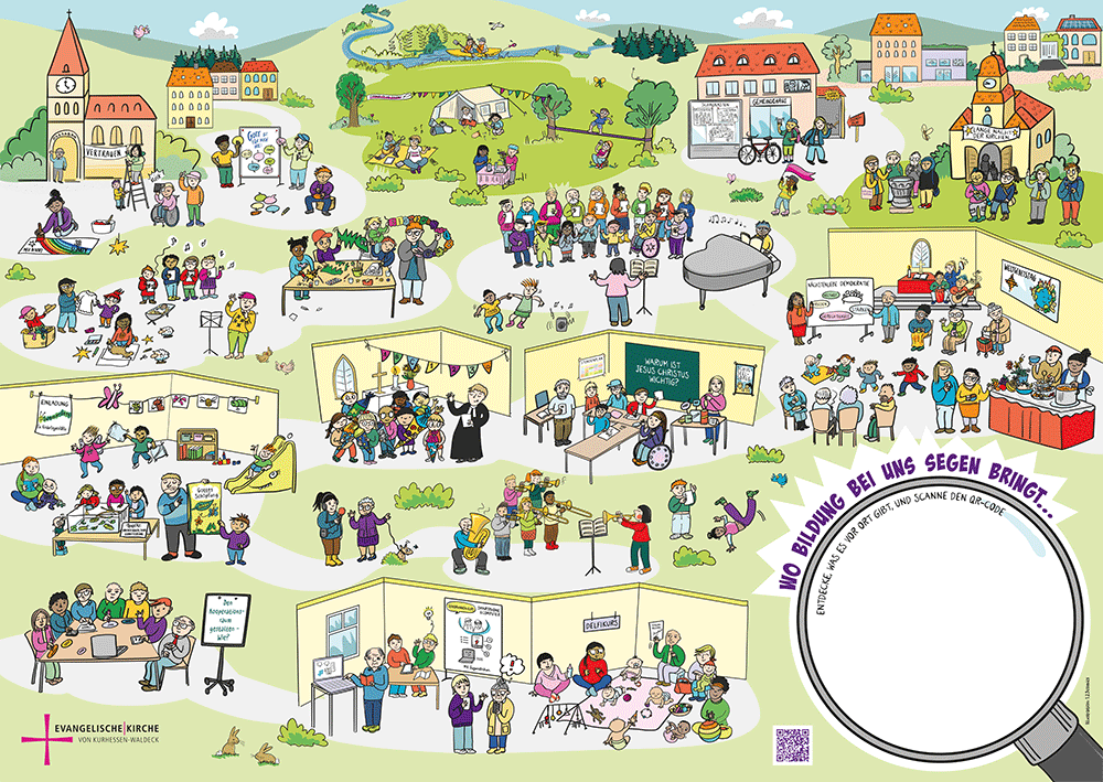 Im Wimmelbild gibt es beispielhaft viele Szenen unserer evangelischen Bildungsarbeit zu entdecken. Weiter unten sind weitere Detials zu den einzelnen Bereichen abrufbar.