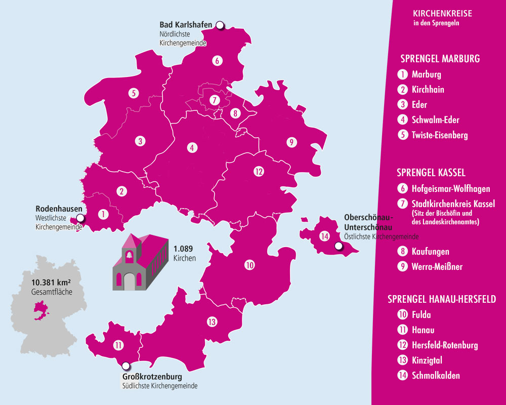 Karte der Landeskirche mit ihren Regionen (Sprengeln) und Kirchenkreisen.